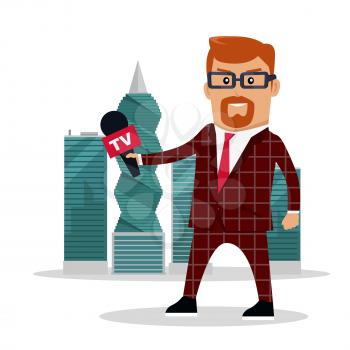 TV reporter with microphone on panama-city skyscrapers background. Corruption disclosure. International financial investigation concept. Offshore documents scandal illustration. Vector in flat design.