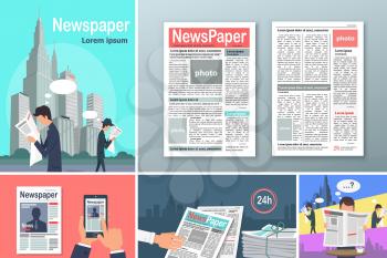 Newspapers. News is Available 24 h Concept Banners Set. People read newspapers in big cities. Source of information. Person reading newspaper in cafe. Newspapers in your phone. Vector illustration.