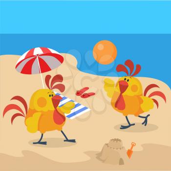 Rooster birds on the beach. Cock play volleyball at the seaside. Chinese calendar zodiac cock horoscope. Chicken character collection in flat. New year xmas greeting card. Vector illustration