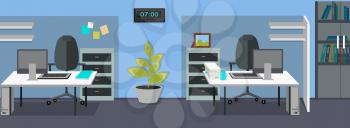 Workplace and working break horizontal web banner in flat style. Bright office interior design with modern furniture, plants, racks with documents and ceiling light. Comfortable place for work