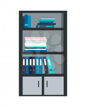 Large bookcase with different books isolated. Folders and documents ordered in bookcase. Modern office interior. Books on bookshelves. Library scene bookcase in flat design style. Vector illustration