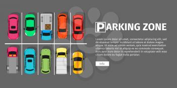 City parking vector web banner. Flat style. Shortage parking spaces. Large number of cars in a crowded parking. Urban infrastructure and car boom. Parking zone