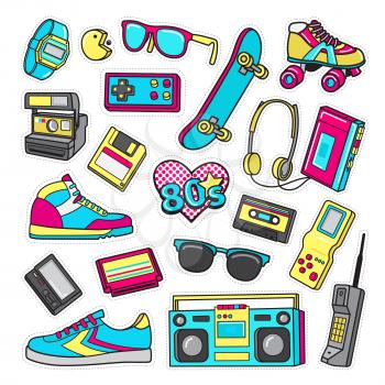 Boys accessories. Patch icons of shoes, sunglasses, headphones, joystick, cassette, cellular phone, player, flexible disc, polaroid, roller skates isolated on white. Teen s games of 80 s Vector