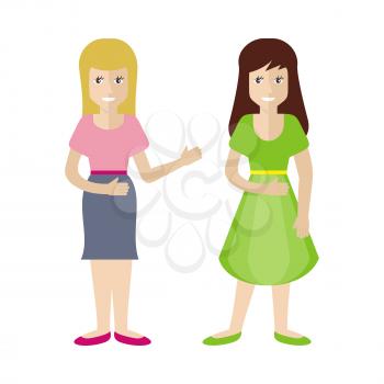 Woman character vector in flat design. Two smiling female in casual clothes. Illustration for profession, fashion, human concepts, app icons, logo, infographics design. Isolated on white background