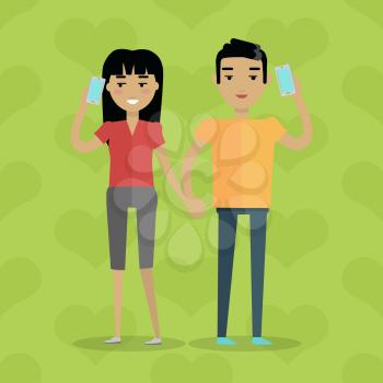 Talking on phone vector concept. Flat design. Telephone addiction. Smiling couple holding hands and talking on mobiles. Conversation and communication with relatives. On green background with hearts