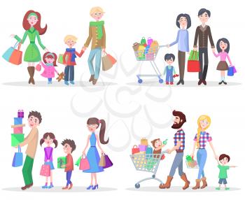 Set of four happy families buying dairy products and gifts in different stores. Children have shopping with their parents. Families are spending their time in supermarket. Vector illustration.