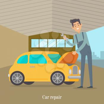 Man repair car. Car service illustration in flat style design. Auto mechanic in service room office. Car service worker. Repair test yellow car. Machinery engineer. Car service concept. Vector