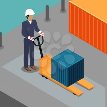 Warehouse worker with container on electric forklift. Dock worker with trolley. Loader in cap isolated. Man with hand truck. Loading and unloading cargo goods. Industrial shipping concept. Vector