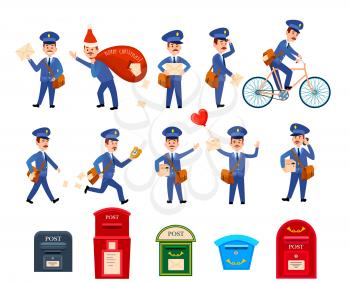 Set of icons with postman characters and mail boxes. Mailman bringing common and love letters, on bicycle, hurrying. Collection of various postboxes different in shape, colour, size. Vector illustration