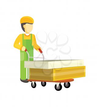 Man character in green and yellow uniform with heavy boxes on big trolley. Baying building materials in supermarket concept. Delivering overall goods. Flat design illustration for ad and icons.