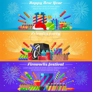 Happy New Year. Friendly party. Fireworks festival. Set fireworks. Different kinds of bright and great firecrackers. Interesting decorations. Colourful backgrounds. Flat design. Vector illustration