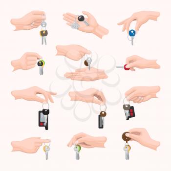 Set hands with keys. Various types of keys in hands. Different shape, size, design, color, number, combination of keys in people s hands. Diverse fingers holding keys. White background. Vector