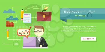 Business strategy web banner. Performance analysis .Search for solutions. Person working at laptop, businessman presenting development and financial planning. Creating plan, generating report. Vector
