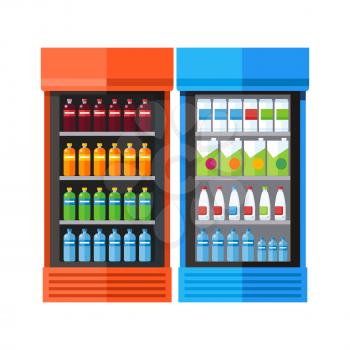 Bluea and orange showcases refrigerators for cooling drinks in bottles. Different colored bottles in drinks fridges. Fridge dispenser cooling machine. Isolated objects in flat design on white background.