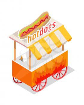 Hotdogs trolley in isometric projection style design icon. Street fast food concept. Food truck with umbrella illustration. Isolated on white background. Hot dog mobile shop. Vector illustration