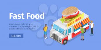 Street fast food web banner. Eatery on wheels with hamburger on roof surrounded buyers isometric vector on blue background. Van food store with signboard illustration for restaurant, cafe, snack bar ad