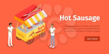 Hot sausage trolley in isometric projection style design icon. Street fast food concept. Food truck with grilled sausage illustration. Isolated on red background. Hot sausage mobile shop. Vector