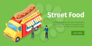 Fast food truck isometric projection style design icon. Street fast food concept. Food trolley with hot dog on the top. Isolated on green background. Sandwiches mobile shop. Vector illustration