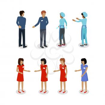Set of sellers characters vector templates. Flat style design. Man and woman selling goods. Supermarket personnel, shopping in mall concept. Salesman and saleswoman. Shop assistant, clerk illustration