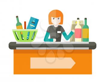 Cashier behind the store counter and cash register. Flat design. Smiling woman cashier sits behind the cash register and ringing drinks. Selling of alcohol and alcoholic beverages in the supermarket.