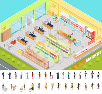 Supermarket interior in Isometric projection. 3D illustration of big trading room with product sections shelves, goods, customers, personnel, sellers, cashes. Consumers and sellers editable isolated