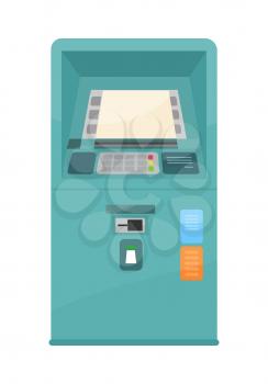 Automated teller machine vector in flat style design. International banking and credit service. Cash point terminal illustration for business, banking, financial concepts and infographics.  
