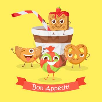 Bon appetit. Funny cartoon characters banner. Cupcake, doughnut, chocolate biscuit, cookies, cup of cola or soda. Smiling confectionery. Set of sweets in flat style design. Confection illustration