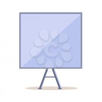 Tripod whiteboard with blank screen. Tripod whiteboard icon. Empty board at a presentation. Tripod icon. Portable three-legged board screen. Isolated object in flat design on white background. Vector