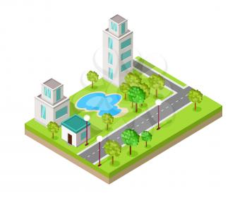 Isometric icon of luxury rest sport center with pool near road web banner. Building house architecture, street of urban town, map and construction, residential office or home. Vector in flat style