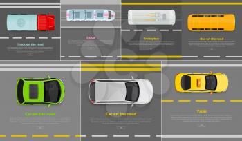 Truck on the road. Tram. Trolleybus. Bus on the road. Car on the road. Taxi. Auto transport web banners set. Wheeled, self-powered motor vehicles used for transportation. Auto in flat style. Vector