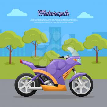 Motorcycle. Transport. Travelling. Contemporary violet motorcycle on road in big city. Two-wheeled vehicle with fuel economy. Convenient mean of transportation. Green trees and high buildings. Vector