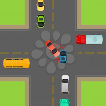 Accident on road due to non-fulfilment traffic rules. Death of people. How to turn left in correct order. Cars, bus, truck on crossroad. Right use of transport. Vector illustration. Dangerous on road.
