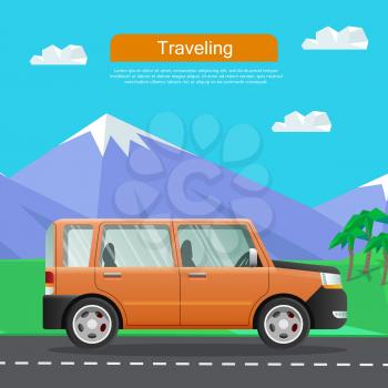 Travelling by car. Big orange auto on road near mountains. Speed mean of transportation on highway to huge hills. Green grass and growing palms with blue sky on background. Vector illustration