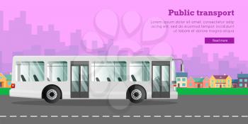 Urban public transport. White passenger bus with two automatic doors driving on road of city. Long four-wheeled auto. Some high skyscrapers and low houses on violet background. Vector illustration