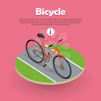 Bicycle icon isometric design on the road web banner. Bike and orange bicycle. Personal transport. Ecologically safe transportation item. Cycling race sport. Mountain bicycle, travel bicycle. Vector