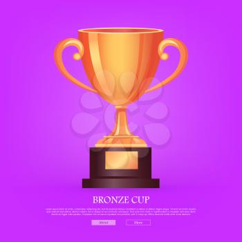 Trophy bronze cup isolated on light violet background. Shiny, glossy, big, beautiful prize with two twisted handles on brown basement with a piece of bronze. Flat design. Vector illustration