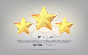 Super stars. Three golden stars on silver background. Shining, glossing, brightful rewards. Great pictures. Different sizes. Winning. Big star and two little. Flat design. Vector illustration