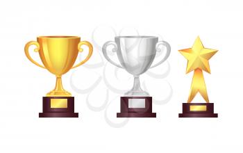 Trophy. Awards set. Golden cup and silver cup, star. Big, bright rewards. Shiny, glossy and great prizes isolated on white. Different sizes, shapes, colours. Flat design Vector illustration