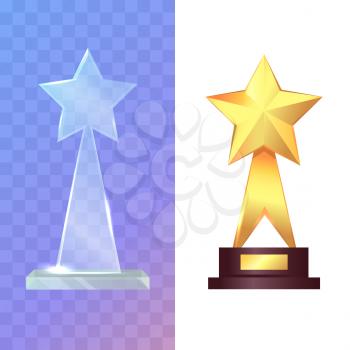 Trophy. Two awards. Glass and golden rewards. Shiny, glossy prize with star on top and offshoots. Little brown basement. Glass star prize on transparent background. Flat design. Vector illustration