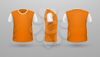 T-shirt with white sleeve template set, front, side, back view. Orange color. Realistic vector illustration in flat. Sport clothing. Casual men wear. Cotton unisex polo outfit. Fashionable apparel.