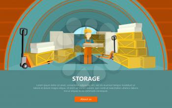 Storage conceptual vector web banner. Flat style. Man in uniform working with goods in warehouse.  Illustration for delivery online services, startups, corporate web sites, landing pages design 