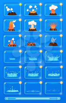 Natural disaster icons set with volcano erupting and flood. Volcano magma blowing up, lava flowing down vector set. Water flowicons. Crater mountain volcano. Volcano erupt ash. Collection of icons