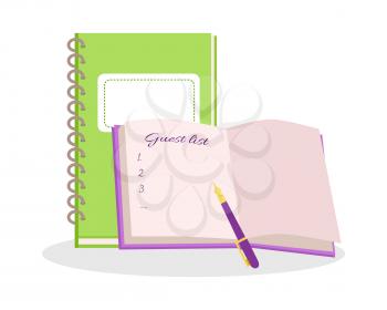 Wedding notebooks vector illustration. Flat design. Two color notepads with guest list and pan on opened page. Preparation for the solemn ceremony. For wedding organization concept. White background