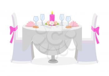 Wedding table decor. Served wedding table with luxury plates, candles and glasses. Holiday marriage table and chairs. Celebration of wedding concept. Luxury interior. Vector illustration in flat style