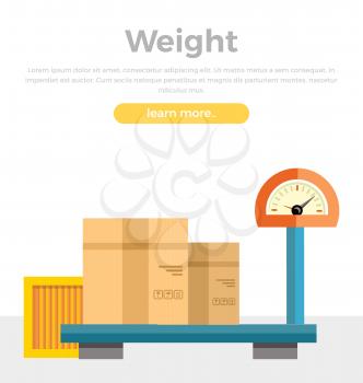 Weight concept web banner in flat style. Cardboard and wooden packages on scales. Weighing parcels at the post office. Illustration for delivery companies and services web pages design.