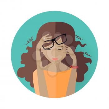 Young woman round avatar icon. Young woman in glasses and orange dress. Social networks business users avatar pictogram. Isolated vector illustration on white background.