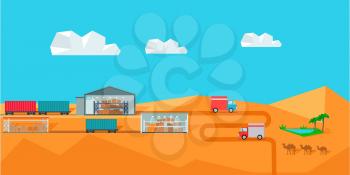Warehouse on desert landscape. Warehouse interior, logisti and factory building exterior, business delivery, storage cargo vector illustration. Logistics and transportation of cargo.
