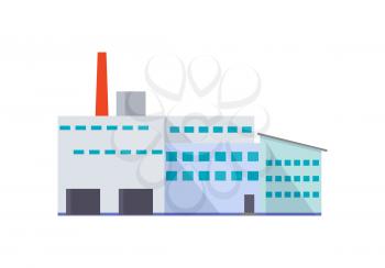 Factory building with pipe in flat. Industrial factory building concept. Industrial plant with pipe. Plant icon. Factory icon. Isolated object in flat design on white background.