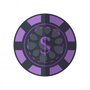 Gambling chip vector in flat style. Violet casino chip with dollar sign. Illustration for gambling industry, sport lottery services, icons, web pages, logo design. Isolated on white background.   