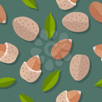 Almond nuts seamless pattern. Ripe almond kernels with leaves in flat. Almond on a dark green background. Several almond kernels. Healthy vegetarian food. Vector illustration